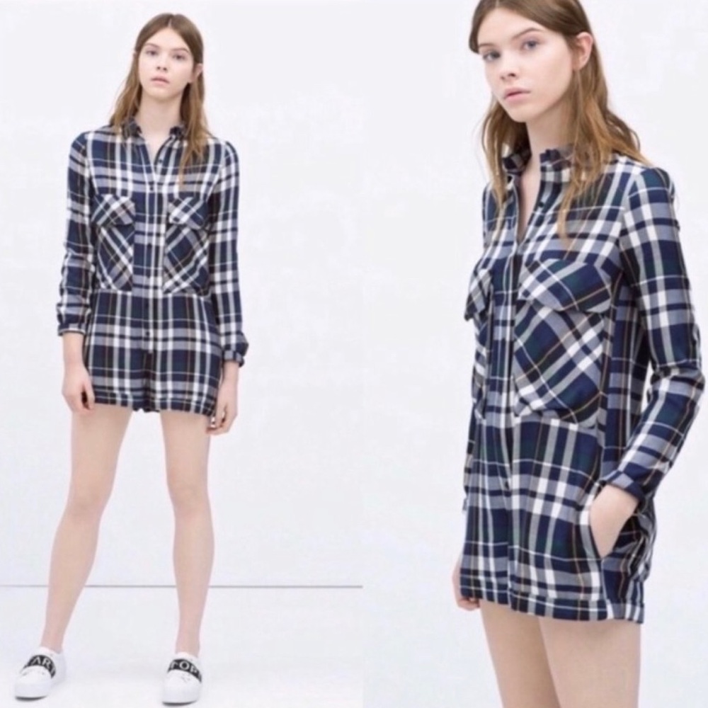 ZARA TRAFALUC Plaid Romper with Pockets